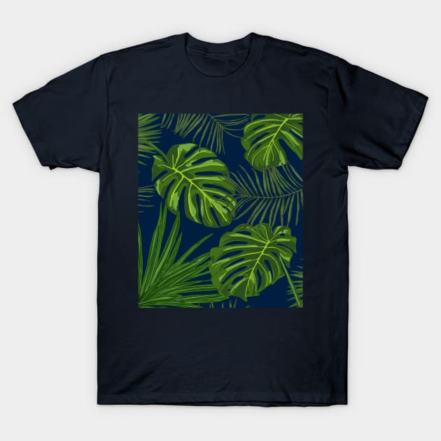 Tropical Plants on Midnight Blue T-Shirt by OneThreeSix